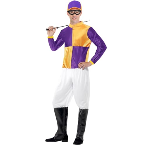 Adult Jockey Costume - Mens Horse Racing Fancy Dress Outfit with Shirt Pants Cap & Boot Covers - Derby Day & Halloween (Std)
