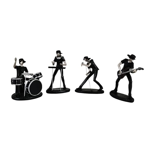 Image of Set of 4 Musicians Showpieces | Modern Black & Silver Band Figurines | Singer, Guitarist, Drummer & Keyboard Player Decorative Sculptures for Home, Office, Studio & Gifting