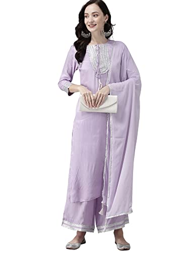 Image of INDO ERA Women's Cotton Blend Embroidered Straight Kurta Trouser With Dupatta Set(KH0PR2868)