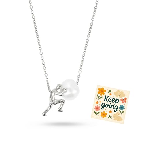Sisyphus Necklace for Women Gold Keep Going Pendant with Pearl Greek Mythology Inspirational Jewelry Man Pushing Stone Religious Gifts