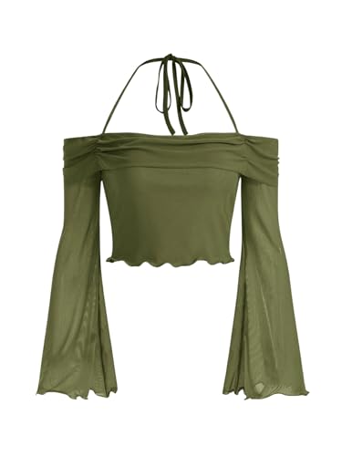 GORGLITTER Women's Bell Sleeve Off The Shoulder Tops Mesh Flare Long Sleeve Y2k Cute Halter Crop Going Out Tops Army Green Medium