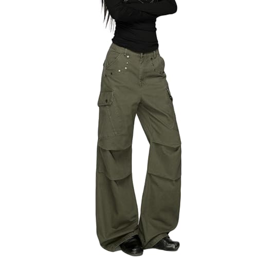 Pantalon cargo vintage pour femme coupe droite large avec rivets et poches