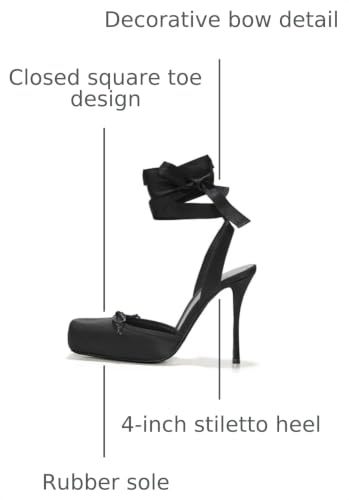 Image of Riekhany Satin Ballet Heels for Women Closed Square Toe Bow Ballerina Heels Lace Up High Heel Slingback Pumps Strappy Stiletto Mary Janes Elegant Party Shoes