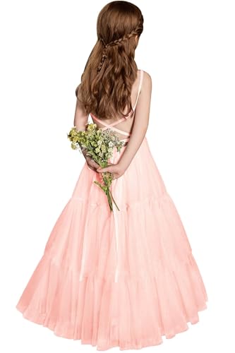 Boho Flower Girl Dress Tulle Ruffles Pageant Formal Dresses for Wedding Backless Party Holiday Communion