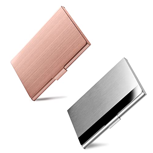Dmfly Business Card Holder, Slim Business Card Case For Men & Women, Pocket Metal Card Case, Professional Stainless Steel Business Card Holders, Buckle Style Shut, 1Pcs Rose Gold And 1Pcs Silver #TOP22
