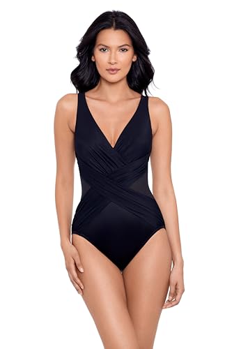 Miraclesuit Women's Swimwear Illusionists Crossover Soft Cup Tummy Control One Piece Swimsuit, Black, 12