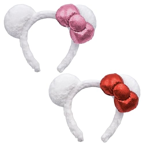 Mzoyell Cat Ears Headband Bow 2-Pack Birthday Party Gifts White Hair Accessories with Sparkle Bow for Women Costume Cosplay