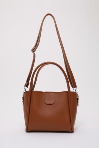 SHAKA Taba SHK190 Suni Deri Çıkarılabilir Makyaj Çantalı Çıtçıtlı El, Kol ve Omuz Çantası,Taba - Görsel 4