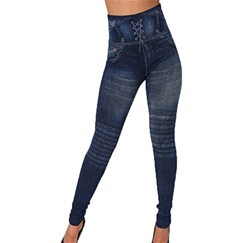 Maiyifu-GJ Women's High Waist Denim Print Leggings Tummy Control Butt Lifting Fake Jeans Seamless Stretch Slim Skinny Pants (Dark Blue,X-Large)