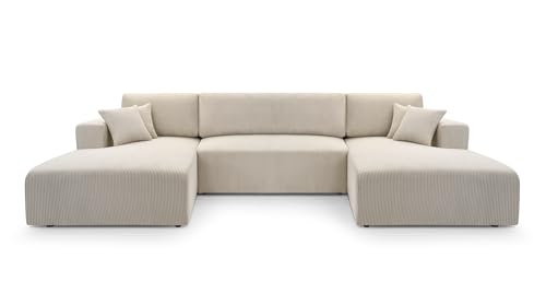 FurniShop24 Ecksofa mit Schlaffunktion und Bettkasten - Eckcouch U-Form Klappsofa - Schlafcouch zum Wohnzimmer, Minimalistisches Design Eckcouch Como U Beige, Schlafsofa