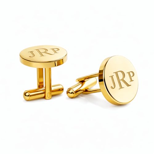 Premium Gold Custom Cuff Links Mens • Round Personalized Cufflinks for Men • Engraved Initial, Date, Handwriting, Crest, Logo • Groomsmen Cufflinks • Personalized Gifts for Men (Round, Gold)