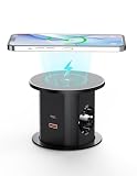 Multiprise encastrable 2 Prises, Multiprise Automatique Pop-up pour Plan de Travail avec Charge sans Fil 15W, Multiprise escamotable avec 2 USB-C (PD 20W), 2 USB-A pour Cuisine et Bureau, D 85
