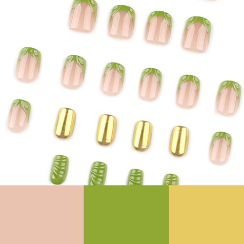 Image of Green Press on Nails French Tip Fake Nails Chrome Glue on Nail Water Ripple False Nail with Design Glossy Full Cover Artificial Acrylic Short Square Stick on Nails for Women Girls Manicure 24Pcs