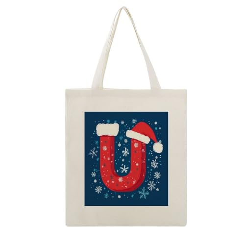 Canvas Tote Bags Letter T with Santa Hat Snowflakes Reusable Shoulder Tote Bag Alphabet Decorative Gifts for Women Mother