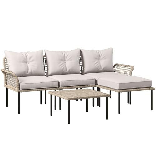 Outsunny Conjunto de Jardín Exterior de Ratán Sintético de 5 Piezas Muebles de Jardín Exterior Incluye 2 Sofás Esquineras 1 Sofá de Exterior 1 Taburete 1 Mesa de Centro con Cojines Crema