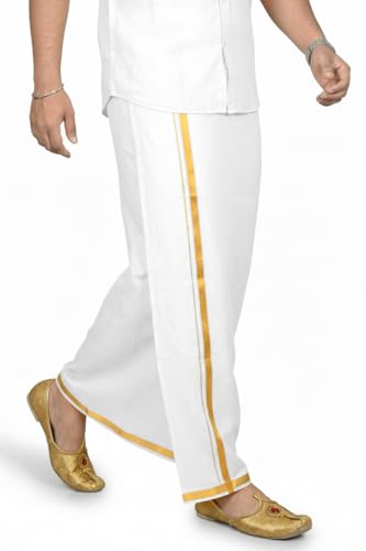 Image of TUNI MANI Men's South Indian Traditional Readymade Polyester Welcro Dhoti With side Pocket | Adjustable for all Size (28 inch-44 inch inches)