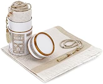 ihvan online Muslim Prayer Rug and Prayer Beads with Elegant Design Cylinder Gift Box | Janamaz | Sajadah | Soft Islamic Prayer Rug | Islamic Gifts Set | Prayer Carpet Mat, Taffeta Fabric, White