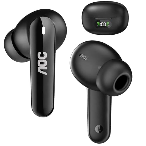 Image of AOC Wireless Earbuds, Bluetooth 6.0 Earbuds with Noise Cancelling Clear Call Pure Sound Bass 45hrs Playtime Bluetooth Earphones with LED Display Light Weight Dual EQ System for Phones /Laptop /Sports