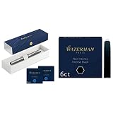 Waterman Allure stylo plume | Chromé | Plume fine | avec 12 cartouches d'encre bleues courtes & cartouches d’encre pour stylo plume | format standard international « petit » | Noir Intense| boîte de 6