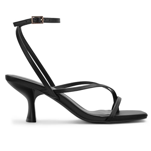 Image of Women's Kitten Heel Strappy Open Square Toe Thong Ankle Strap Heels for Wedding