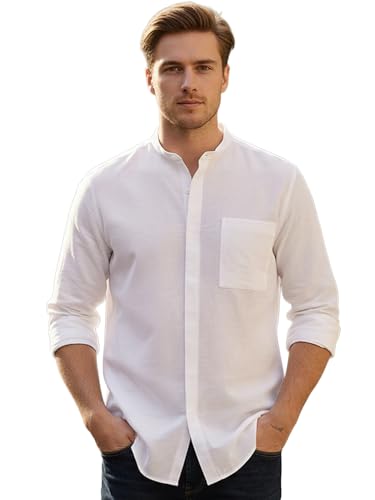 Image of Urbano Fashion Men's Cotton Full Sleeve Regular Fit Casual Solid Shirt with Band Collar