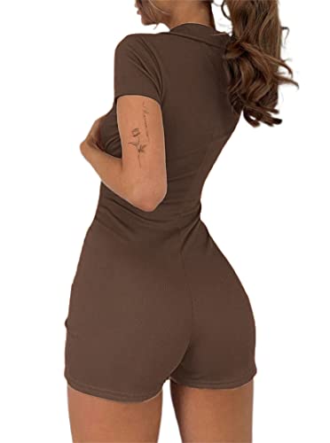Lilycoco Women's Short Sleeve Ribbed Knit Button Front Collar Romper Playsuit Bodysuit Brown Solid Medium #TOP1