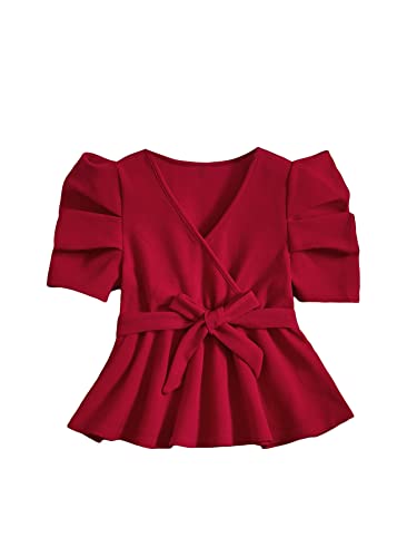 Floerns Girls Wrap Front V Neck Puff Short Sleeve Belted Peplum Blouse Top Red 9Y #TOP22