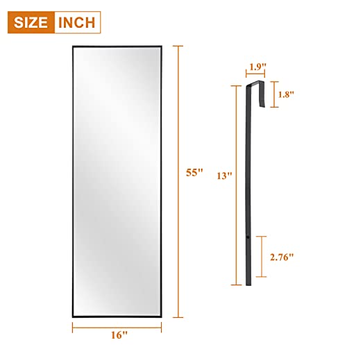 Image of NeuType Over The Door Mirror Full Length Mirror Hanging Over Door or Leaning Against Wall or Mounted On Wall, Aluminum Alloy Frame,Metal Hanger, 55 inchx16 inch, Black