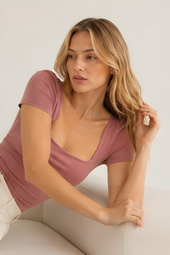 Image of SIGHTBOMB SOFTLINE SQUARE NECK DOUBLE LAYER SHORT SLEEVE MICROFIBER CUDDLE TEE AFFORD LUX EDITION FEATHER TOUCH TOP FOR WOMEN