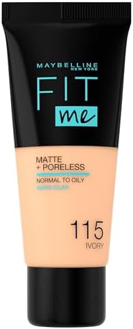 Maybelline Fit Me Foundation, Medium Coverage, Blendable With a Matte and Poreless Finish, For Normal to Oily Skin, Shade: 115 Ivory, 30ml