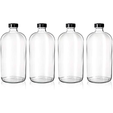 4 Pack - 32oz Boston Round Clear Glass Growler Bottles- with Phenolic Poly Cone Insert Caps - Tight Seal for Secondary Kombucha Fermentation Cover