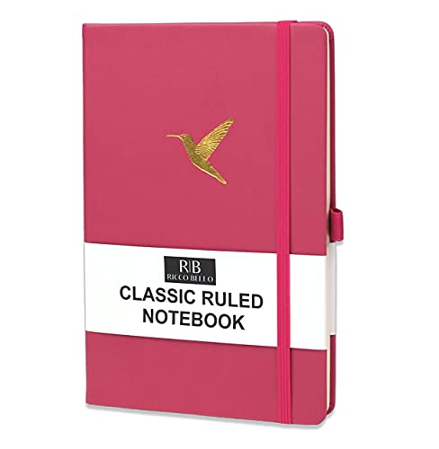 RICCO BELLO College Ruled Hardcover Lined Lay Flat Journal Notebook - Vegan Friendly Faux Leather, Elastic Closure, Pen Loop, Bookmark, Inner Pocket, 192 Lined Pages, 5.7 x 8.4 inches (Hummingbird)