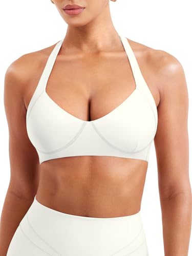 Image of YEOREO Women Halter Sports Bra Light Support V Neck Padded Strappy Open Back Workout Gym Tops
