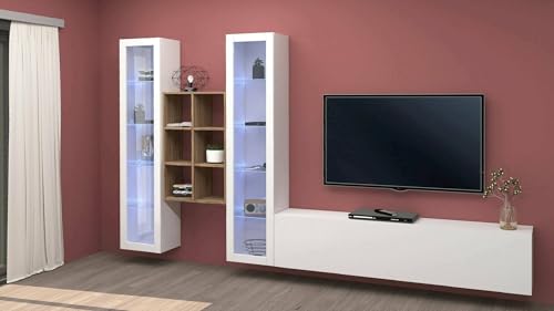 Dmora Parete attrezzata Eros, Set salotto Porta TV a 3 Ante, Mobile soggiorno Multiuso con vetrina e Luce LED, 100% Made in Italy, cm 320x30h180, Bianco lucido