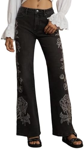 LifeShe Womens Bell Bottom Jeans Mid Rise Embroidered Flared Jean Stretch Bootcut Denim Pants Black