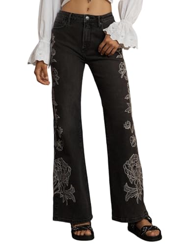 LifeShe Womens Bell Bottom Jeans Mid Rise Embroidered Flared Jean Stretch Bootcut Denim Pants