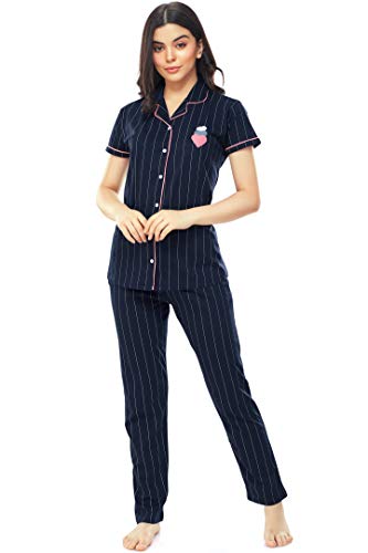 Image of ZEYO Women's Cotton Strip Printed Korean Night Suit Set of Shirt & Pajama Set (Available in Plus Size)