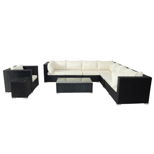 CONCEPT USINE | Salon de Jardin Panoramique 8 Places SALENTO 2 en Résine Tressée Noire | 2 Tables + Fauteuil | Coussins Blancs Déperlants Ultra Confort | Structure...