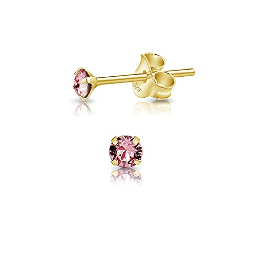 DTPsilver - * MINI * Boucles d'oreilles/Clous en Argent Fin 925 Plaqué Or Jaune et Cristaux de Swarovski® Elements Ronds - Diamètre: 3 mm - Couleur: Rose Clair