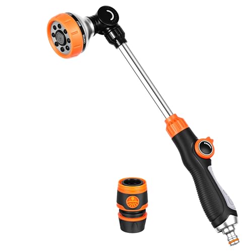 BASVII Gießstab 8 Sprühbilder, 47cm Gartenbrause Lang mit 180° Schwenkbaren Kopf & O-Ring Auslaufschutz, Handbrause Garten mit Wasserdurchflussregelung, Bewässerung Zauberstab für Blumenampeln, Auto