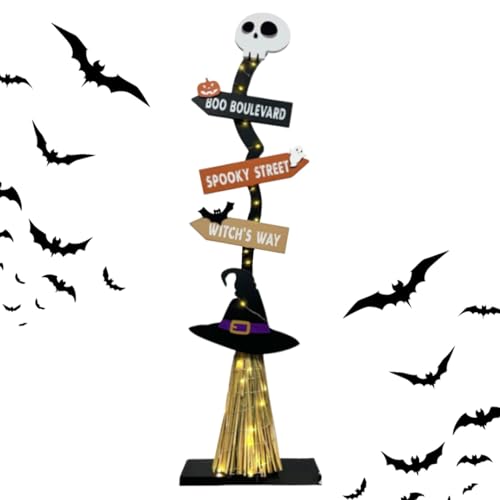 Aoyitaf ライトアップ魔女のほうきデコレーション、ライトアップハロウィーン魔女デコレーション | ハロウィン LED 不気味な魔女のほうきポーチ サイン,農家のコーナー、廊下、暖炉用の照明付き木製魔女のほうき