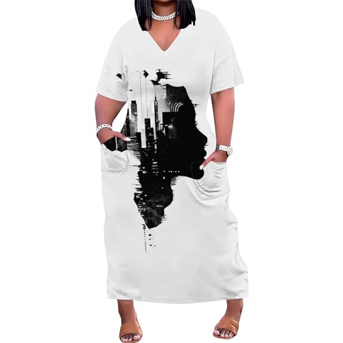 Image of Plus Size Maxi Dress for Women Short Sleeve V Neck Casual Loose Sundress with Pockets