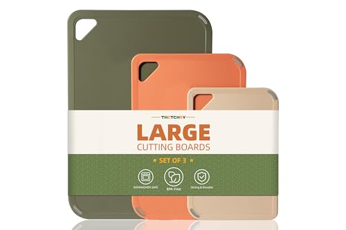 THETCHRY Plastic Cutting Board Set, Cutting Boards for Kitchen BPA Free, Large-Small Chopping Boards Set of 3 Non-Slip for Cooking Camping Dishwasher Safe, Reversible, with Grip Handle, 15'×10'×0.6'