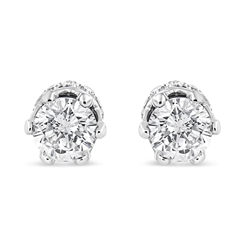 14K White Gold 1.0 Cttw Round Cut Prong-Set Diamond Crown Stud Earring (I-J Color, I1-I2 Clarity)