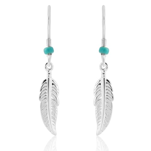 Image of Trink Brand Sterling Silver Angel Tribal Feather Drop Earrings and Turquoise Colour Beads