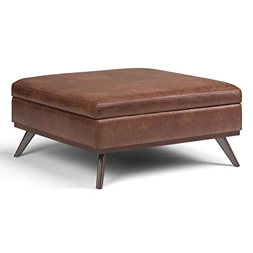 SIMPLIHOME Owen XL Square Coffee Table Storage Ottoman - 40 inch Wide Upholstered Vegan Leather Lift-Top Ottoman in Distressed Saddle Brown, Mid-Century Modern Ottoman for Living Room with Storage by SIMPLIHOME - Used condition - US$268.05