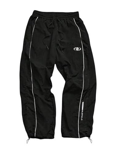 SHENHE Men's Y2k Wide Leg Color Block Baggy Parachute Pants Hip Hop Track Trousers Streetwear Black Letter Small