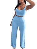Minetom Damen Sportanzüge Jogginganzug Traingsanzug Yoga Sport Sets Hosen und Ärmellose Oberteile Crop Bauchfrei Top Shirt 2 Stücke A Blau M