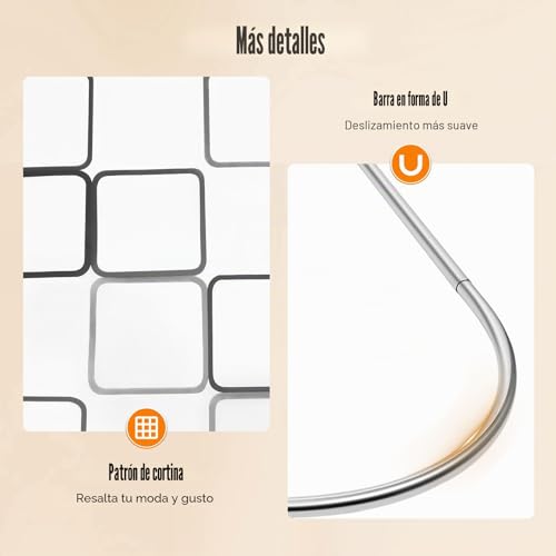 Miniatura 6 de Barra De Cortina De Ducha De Acero Inoxidable En Forma De U Ajustable, Soporte De Cortina De Ducha Flexible Curvado Con Barra De Cortina De Baño, Cortina De Ducha Ideal Para Baños Pequeños Y Bañeras