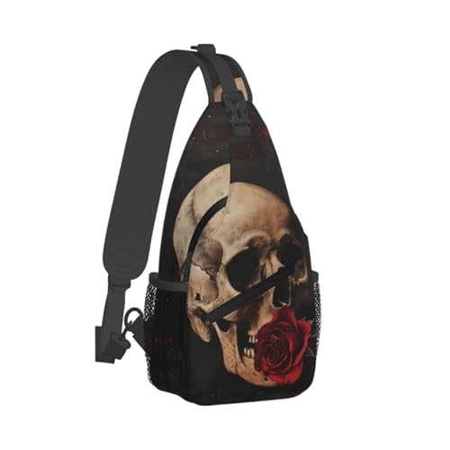 Bolso Cruzado Calavera Y Rosa Roja Casual Unisex miniatura 2